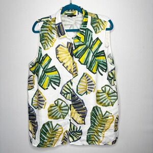 Lafayette 148 New York Linen Top Size XXL Bold Green‎ Tropical Palm Leaf Print